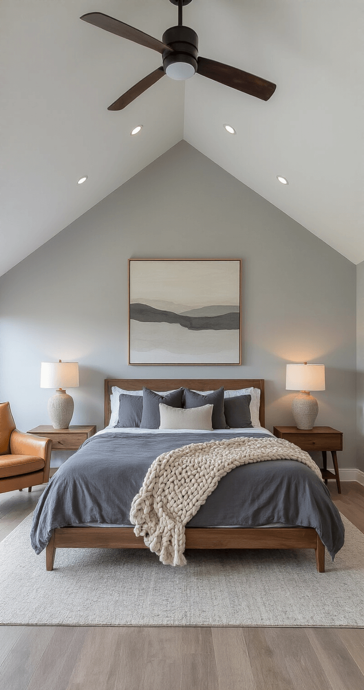 A serene organic modern master bedroom with a vaulted ceiling at twilight, featuring a king-size bed in walnut, luxurious charcoal linen sheets, and a chunky knit throw. Light gray walls, abstract earth-toned artwork, walnut nightstands with sculptural lamps, a camel leather armchair, and sheer beige curtains create an atmospheric setting with soft light and shadow.