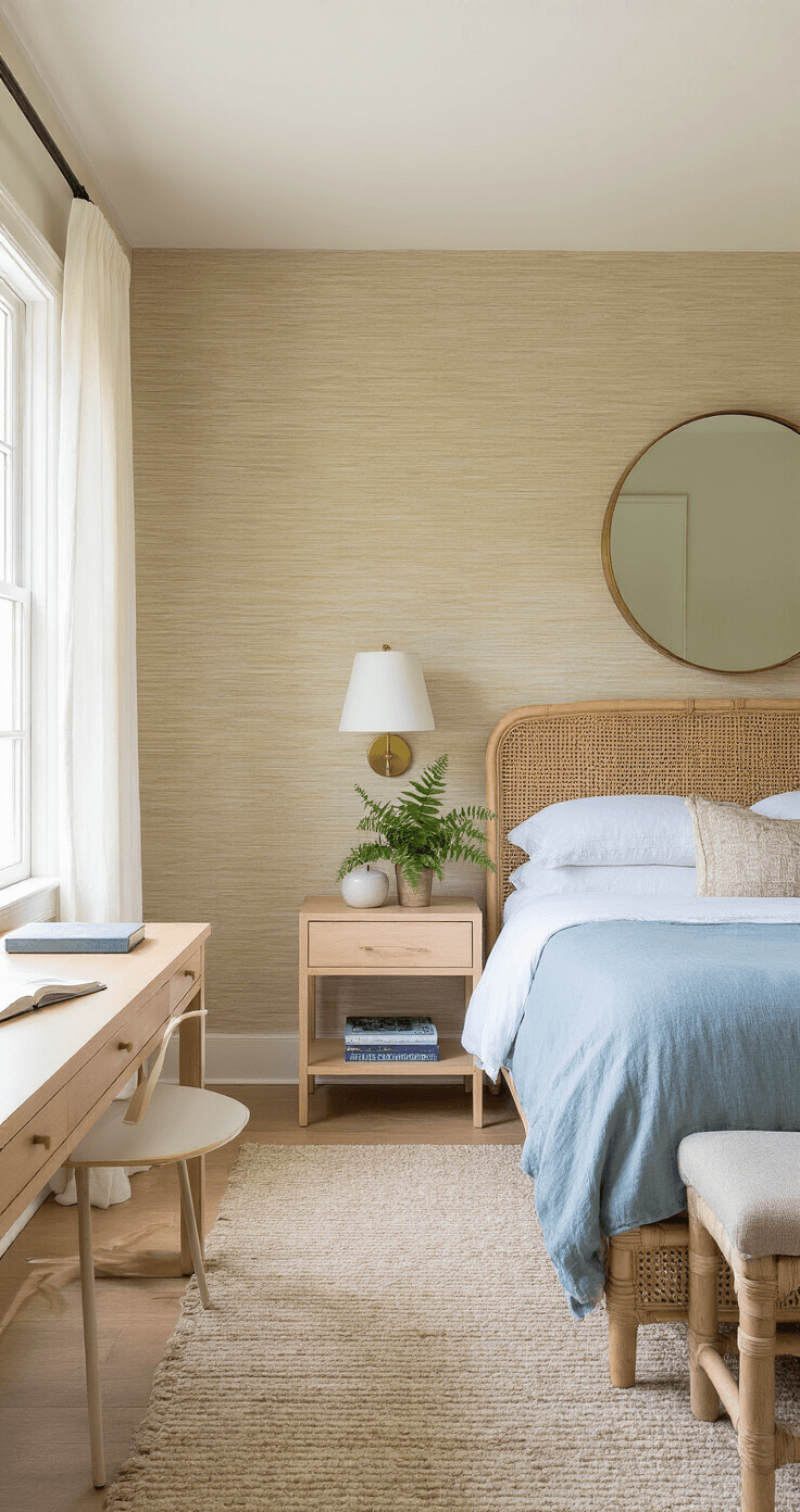 A cozy 10x12 ft organic modern guest bedroom bathed in warm late afternoon light, featuring a textured grasscloth accent wall, a queen-size bed with a rattan headboard dressed in crisp white and dusty blue linens, a floating light oak nightstand with a ceramic lamp and potted fern, a round brass-framed mirror, a compact writing desk under natural woven shades, and a handwoven jute rug on hardwood floors.