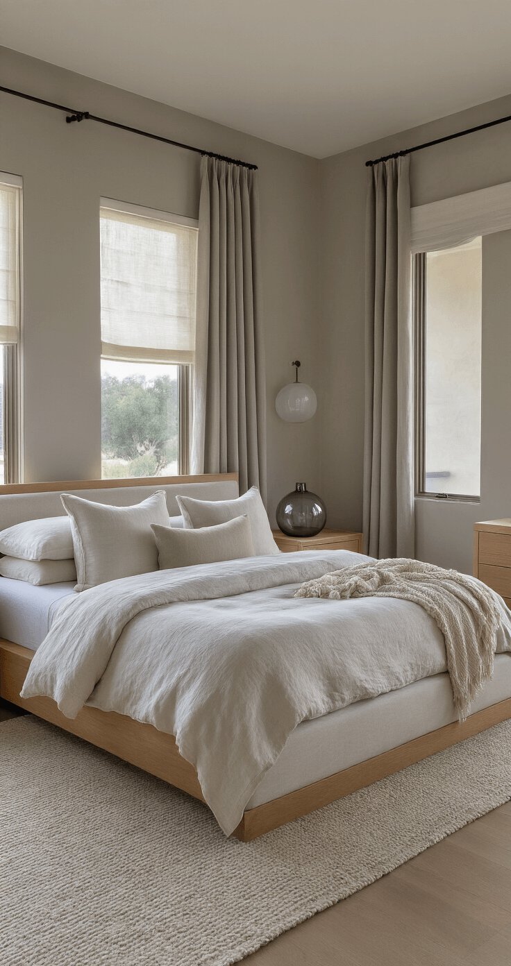 A luxurious organic modern primary bedroom at dusk, featuring floor-to-ceiling windows with soft dove gray blackout drapes, a California king bed with a minimalist oak frame and light beige upholstered headboard, layers of stonewashed linen bedding, oak nightstands with smoky gray blown glass lamps, warm greige walls, a hand-knotted wool area rug, a freestanding matte white soaking tub with a slatted oak privacy screen, and potted olive trees in ceramic planters, softly illuminated by warm artificial light and cool dusk tones.