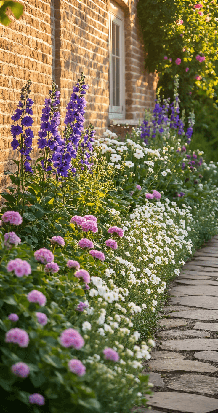 Creating Enchanting Cottage Garden Borders: A Gardener's Guide to Romantic Landscape Design A sunlit cottage garden border in golden hour light features soft pink and purple hardy geraniums with delicate dianthus at the forefront, towering purple delphiniums and white phlox in the middle ground, and a natural stone path curving alongside. Climbing roses in soft bokeh create a dreamy background, while warm evening light highlights dew drops on petals. A vintage zinc watering can adds charm to the scene.