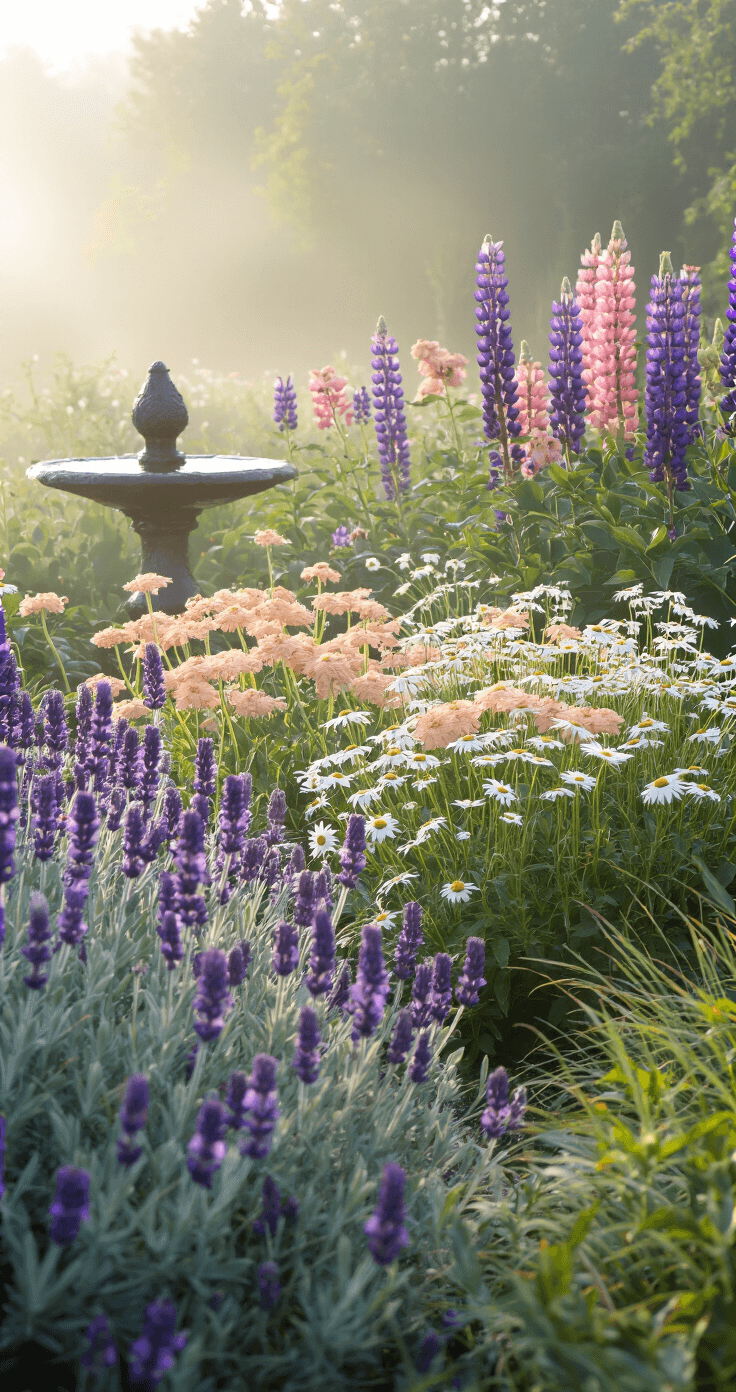 Creating Enchanting Cottage Garden Borders: A Gardener's Guide to Romantic Landscape Design Early morning garden scene featuring silver-leaved lavender with purple blooms in the foreground, peach-toned yarrow and white shasta daisies in the middle, and tall deep purple and pink lupins in the background, all shrouded in mist with a stone bird bath adorned with water droplets, captured at eye level in cool morning light.