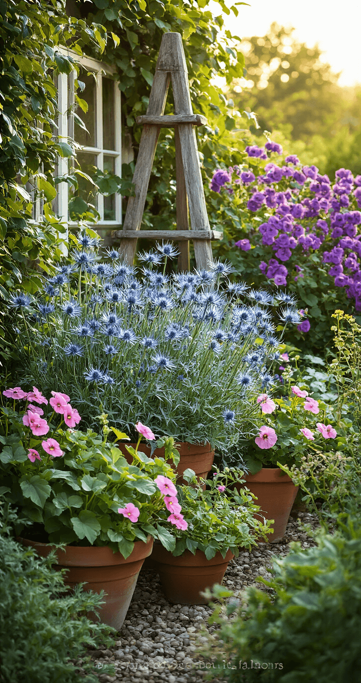 Creating Enchanting Cottage Garden Borders: A Gardener's Guide to Romantic Landscape Design A corner cottage garden vignette bathed in afternoon light features dense plantings of sea holly and hardy geraniums, with vintage terracotta pots of trailing nasturtiums and a rustic wooden obelisk supporting climbing roses, all set against a backdrop of a butterfly bush.
