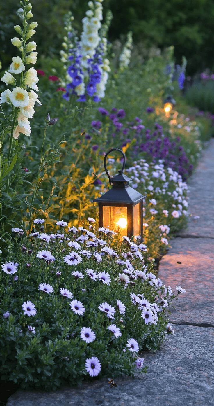 Creating Enchanting Cottage Garden Borders: A Gardener's Guide to Romantic Landscape Design Close-up of a garden border at dusk, showcasing rock rose and dianthus in a carpet effect, with a soft focus background of foxgloves and delphiniums. A garden lantern emits warm light, illuminating weathered stone edging and evening moths visiting the flowers, creating a moody atmosphere with deep shadows.