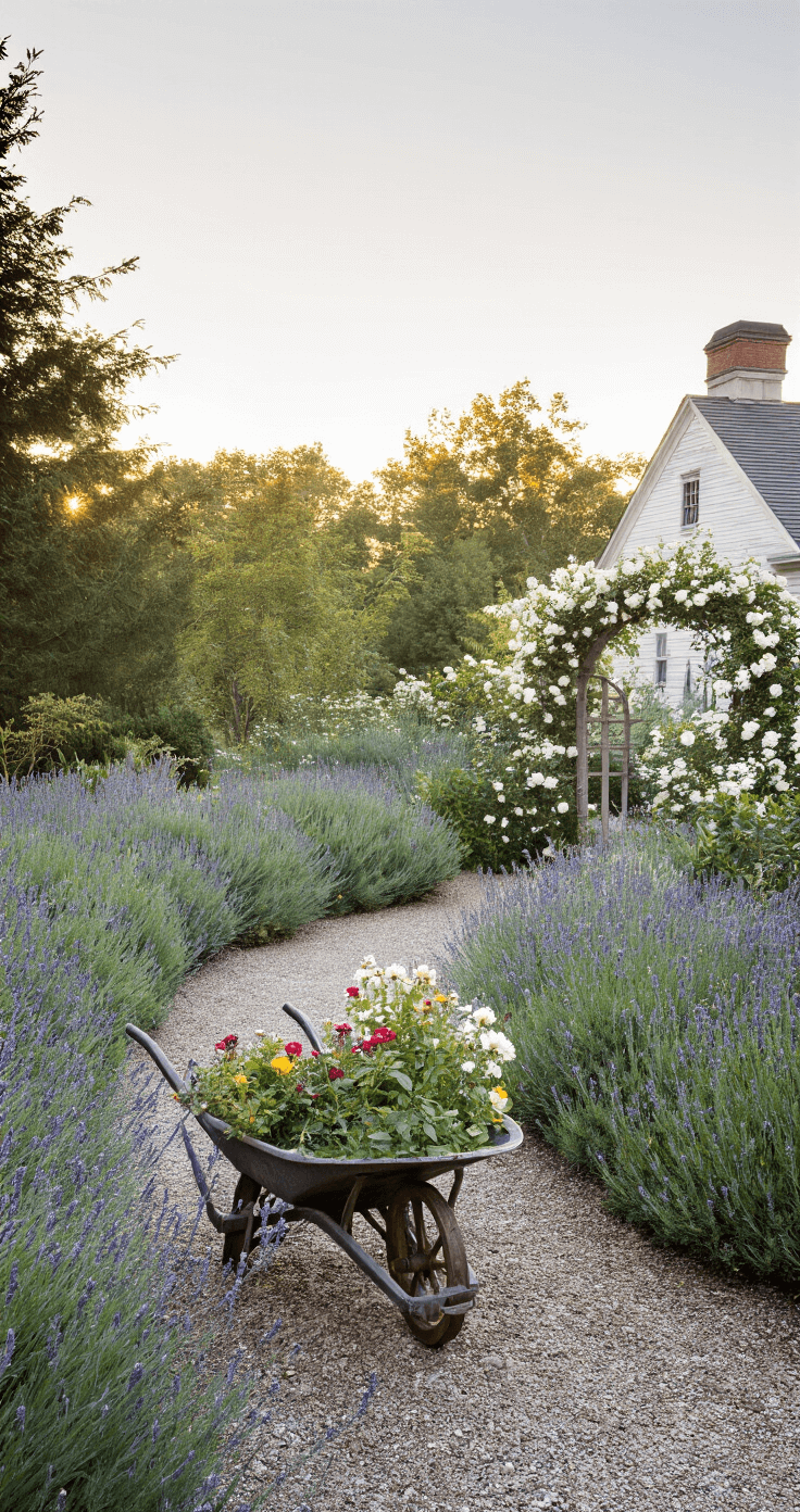 Creating Enchanting Cottage Garden Borders: A Gardener's Guide to Romantic Landscape Design Wide-angle morning shot of a 30-foot cottage border featuring a dramatic curved design, with Russian sage and catmint spilling onto a gravel path, white climbing roses on a wooden arch, and an antique wheelbarrow filled with cottage annuals, all illuminated by backlit flowers in the warm morning light.