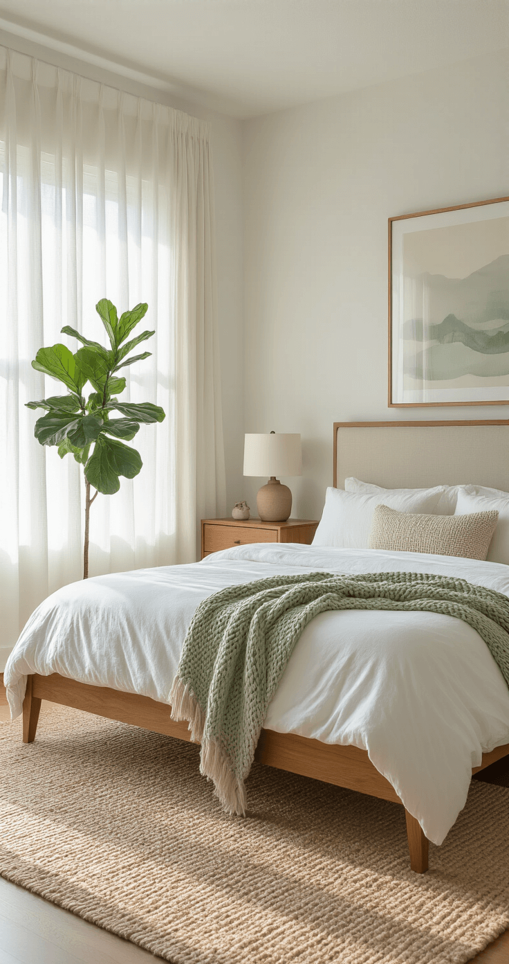 A serene 14x16 ft bedroom featuring a low-profile oak bed with oatmeal linen upholstery, crisp white bedding, and a sage green chunky knit throw. Flanked by walnut nightstands with minimalist lamps, the room is illuminated by soft morning light through sheer curtains, with a fiddle leaf fig in the corner and a jute rug underfoot, all against warm white walls with nature-inspired artwork above the bed.