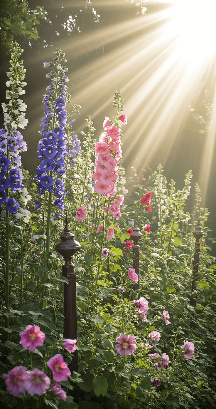 Creating Enchanting Cottage Garden Borders: A Gardener's Guide to Romantic Landscape Design A vertical garden featuring tall delphiniums and hollyhocks as a backdrop, with pink phlox in the middle ground, vintage metal obelisks supporting sweet peas, and morning light creating atmospheric rays, all subtly illuminated by hidden copper solar lights.