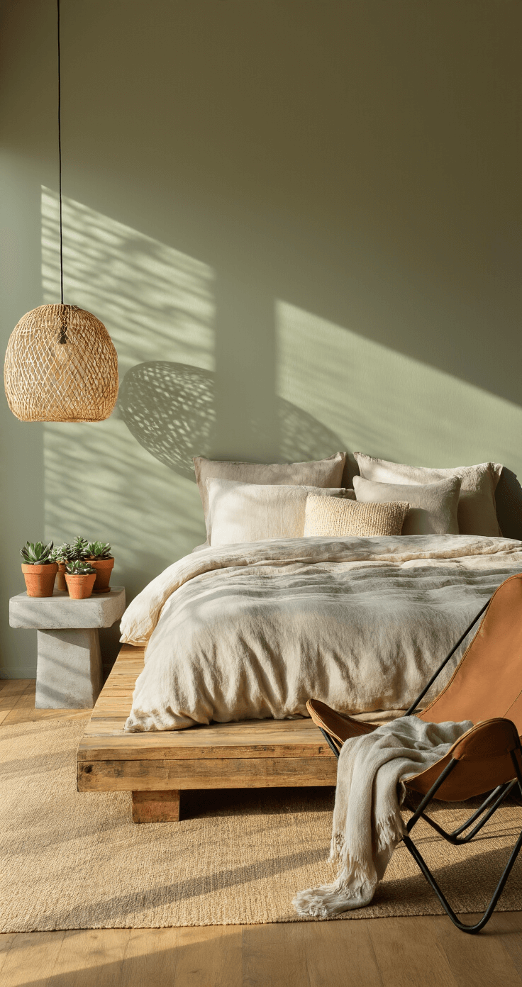 A cozy 12x12 ft bedroom at golden hour, featuring a reclaimed timber platform bed with ecru and stone linen bedding, a rattan pendant light, succulent plants in terracotta pots on a concrete side table, a leather butterfly chair with a wool throw, and muted sage green walls.