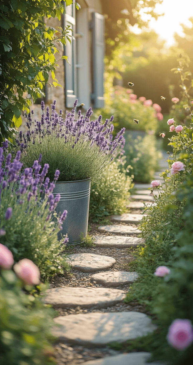 Creating Enchanting Cottage Garden Borders: A Gardener's Guide to Romantic Landscape Design Macro close-up of vibrant cottage garden details illuminated by late afternoon light, featuring bees on lavender blooms, romantic pastel pink roses, trailing lobelia in weathered zinc containers, and natural stone stepping stones, with sharp focus on foreground flowers and a dreamy blurred background.