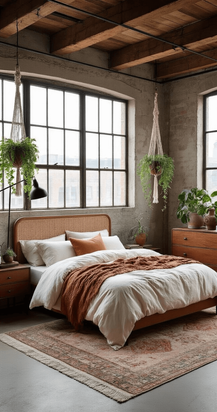 Loft-style bedroom with high ceilings and exposed beams, featuring a king-size bed with a woven cane headboard, earthy-toned linens, and industrial windows, illuminated by afternoon light.