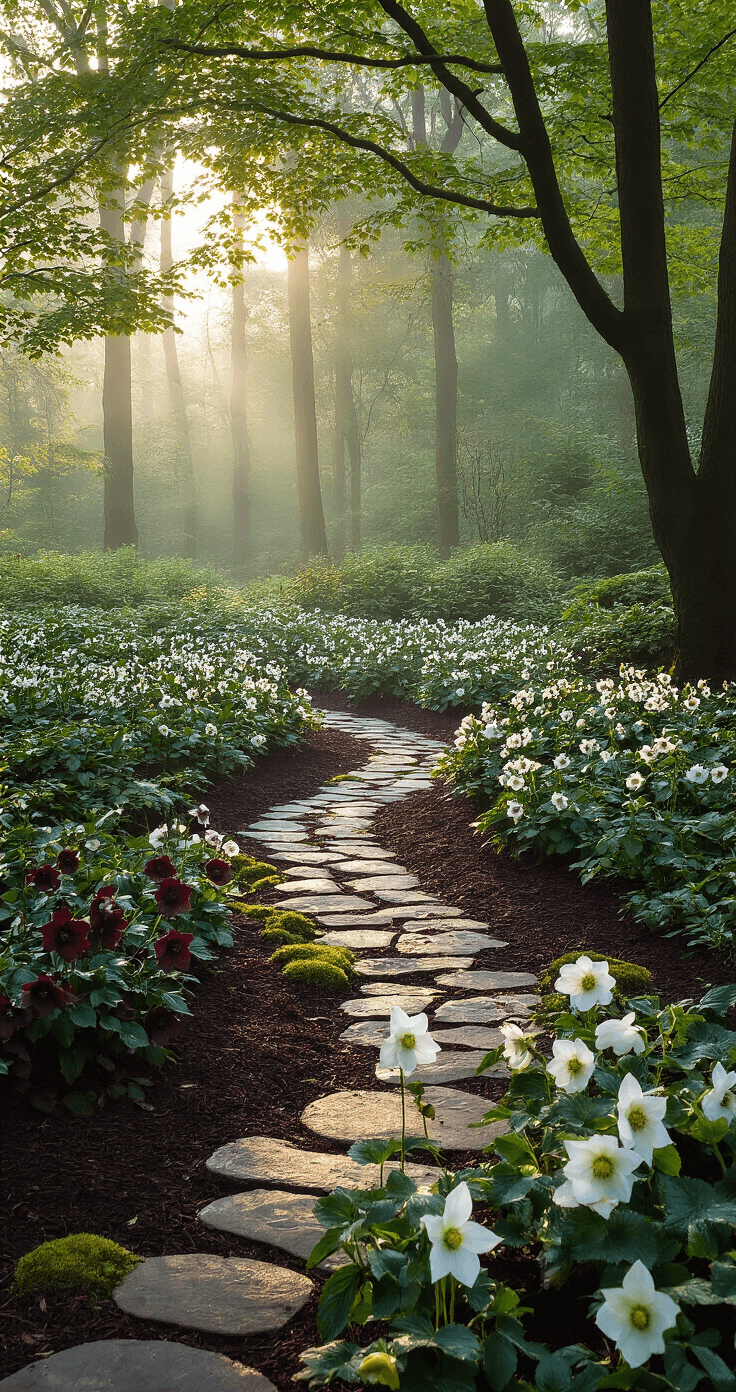 15 Stunning Shade Garden Flowers That Will Transform Your Dark Spaces A tranquil woodland garden at dawn, featuring a winding stone path surrounded by deep burgundy and white hellebores, dew-kissed blooms, and mature maple trees, with cool light and a dreamy bokeh effect.