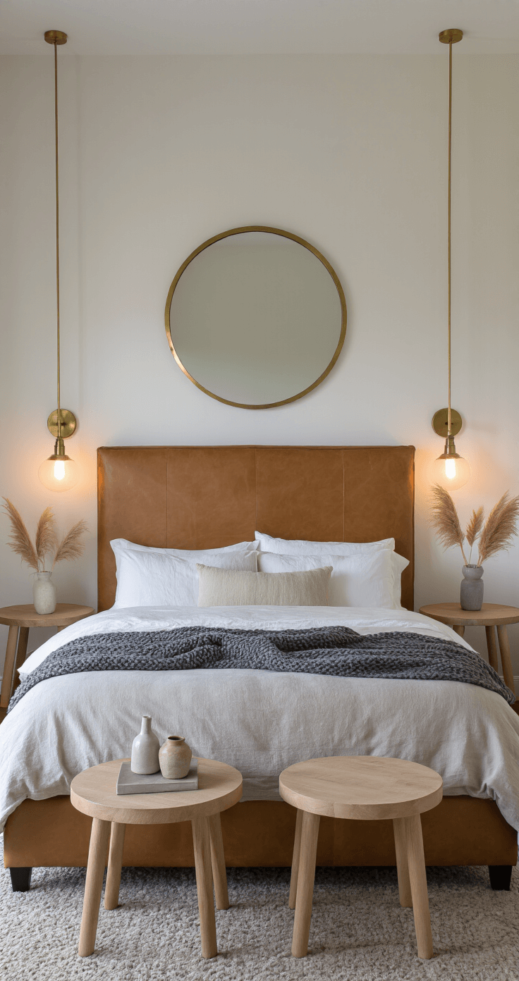 A cozy 10x12 ft bedroom at dusk with warm brass sconces, a camel leather upholstered bed, white linen bedding, a charcoal gray chunky knit blanket, light oak nesting tables with dried pampas grass, a round brass-framed mirror, and warm greige walls, viewed from the foot of the bed.