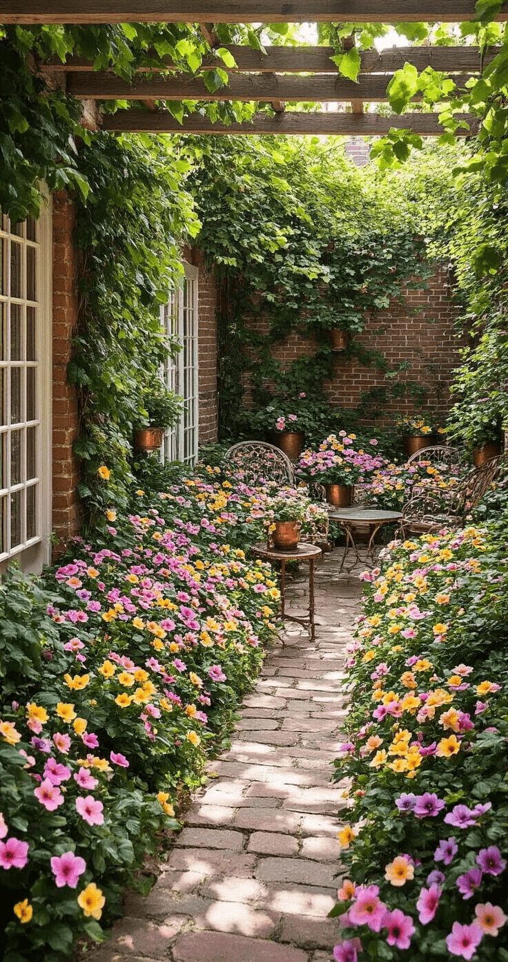 15 Stunning Shade Garden Flowers That Will Transform Your Dark Spaces An intimate courtyard garden at midday, featuring a patchwork of multicolored primrose blooms under climbing hydrangea-covered brick walls, captured from an elevated angle with soft focus to enhance the romantic atmosphere.