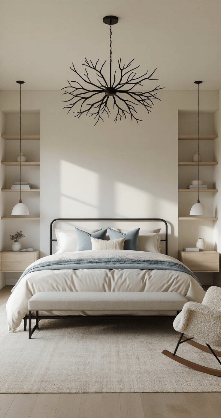 A spacious master bedroom filled with morning light, featuring a California king bed with a minimalist black metal frame and layered bedding in ivory, taupe, and soft blue-gray. A chandelier with organic forms illuminates the room, complemented by pale ash wood floating nightstands with ceramic lamps. A cozy reading nook includes a bouclé rocking chair and sleek floor lamp. The back wall showcases floor-to-ceiling built-in shelving with books, plants, and pottery, all captured from a high corner angle to emphasize the room's airy feel.