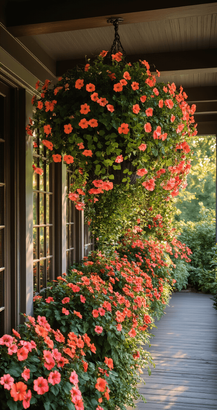 15 Stunning Shade Garden Flowers That Will Transform Your Dark Spaces A sunlit Victorian-style shade garden with an 8ft hanging basket of cascading coral and salmon impatiens, shot from below against a dark porch ceiling, highlighting warm backlighting and atmospheric humidity amidst natural wood beams and vintage iron hooks.