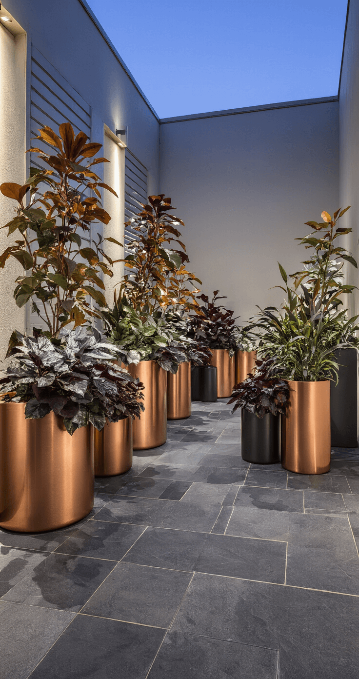 15 Stunning Shade Garden Flowers That Will Transform Your Dark Spaces Modern urban courtyard at twilight featuring charcoal slate pavers and copper and matte black containers filled with rex begonias in deep burgundy and silver. The scene captures the metallic sheen of the leaves against geometric architectural elements, with subtle landscape lighting creating dramatic shadows and cool blue hour lighting enhancing the contemporary mood. The focus highlights the leaf textures with a soft background blur.