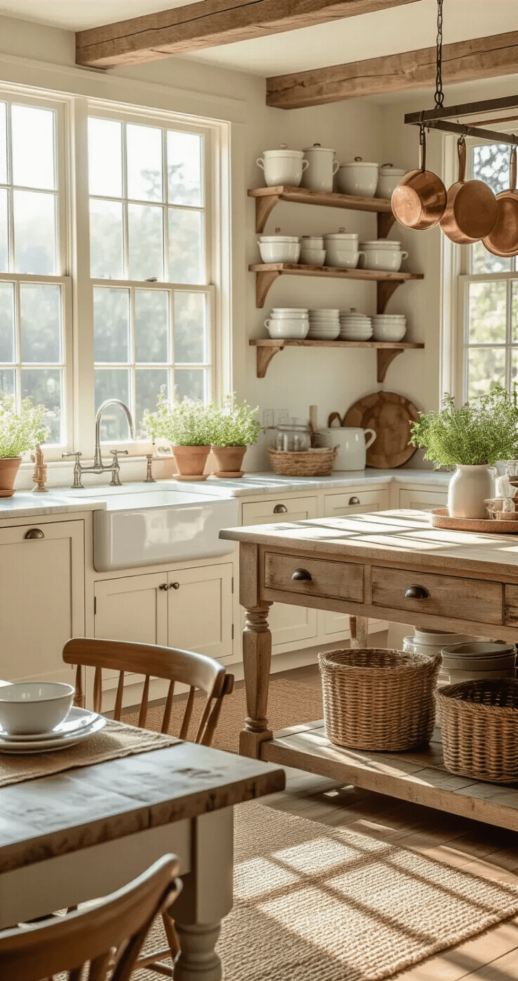 A spacious farmhouse kitchen with warm morning light, featuring a weathered wood island, creamy white shaker cabinets, vintage enamelware on open shelves, a rustic dining table with linen placemats, hanging copper pots, and potted herbs on the windowsill.