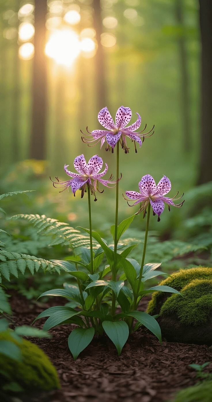 15 Stunning Shade Garden Flowers That Will Transform Your Dark Spaces Intimate woodland garden corner with tall toad lilies in bloom, surrounded by native ferns; captured from a low angle in filtered late afternoon light, highlighting the exotic flowers against earthy mulch and moss-covered logs.