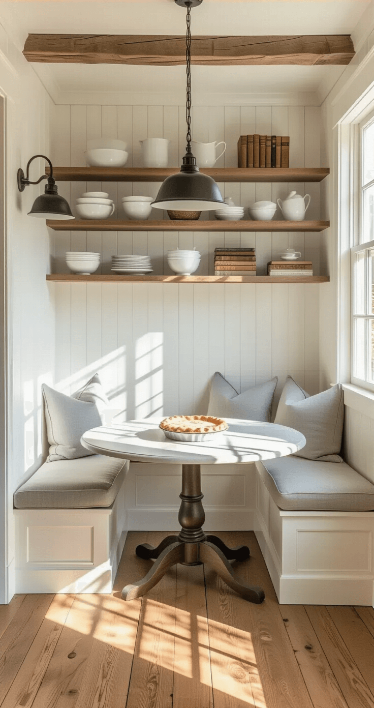 An intimate farmhouse-style kitchen nook at golden hour, featuring a corner banquette with soft gray cushions, open shelving with white pottery and vintage cookbooks, a round pedestal table with a freshly baked pie and enamel plates, and wrought iron pendant lights, all casting warm shadows on wide-plank oak flooring.