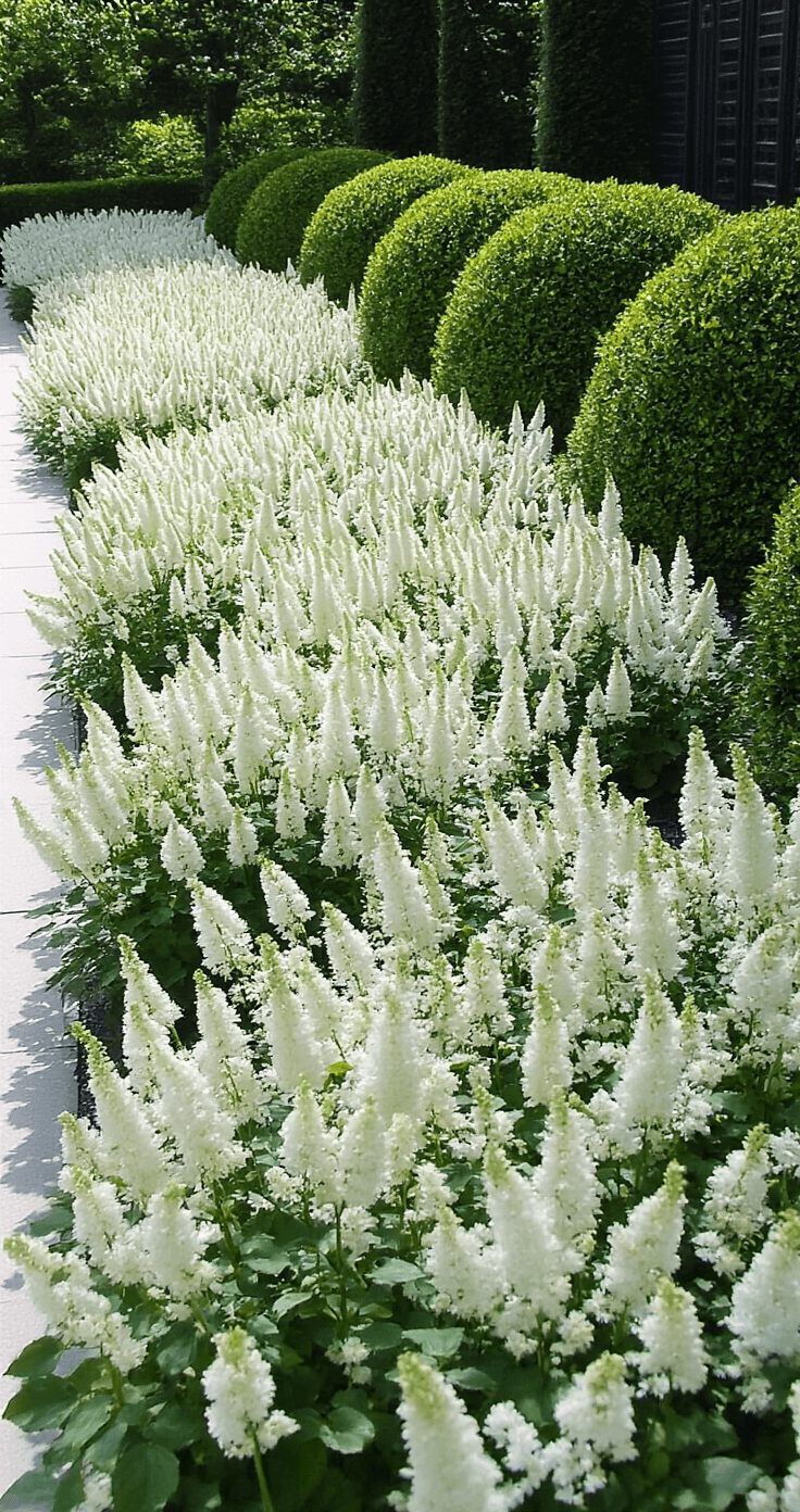 15 Stunning Shade Garden Flowers That Will Transform Your Dark Spaces A contemporary garden border featuring a 20ft linear design of white astilbe in a feathery river pattern, shot from above in diffused midday light, complemented by geometric boxwood spheres, showcasing sharp detail on flower textures against a cool green and white palette with black architectural elements.