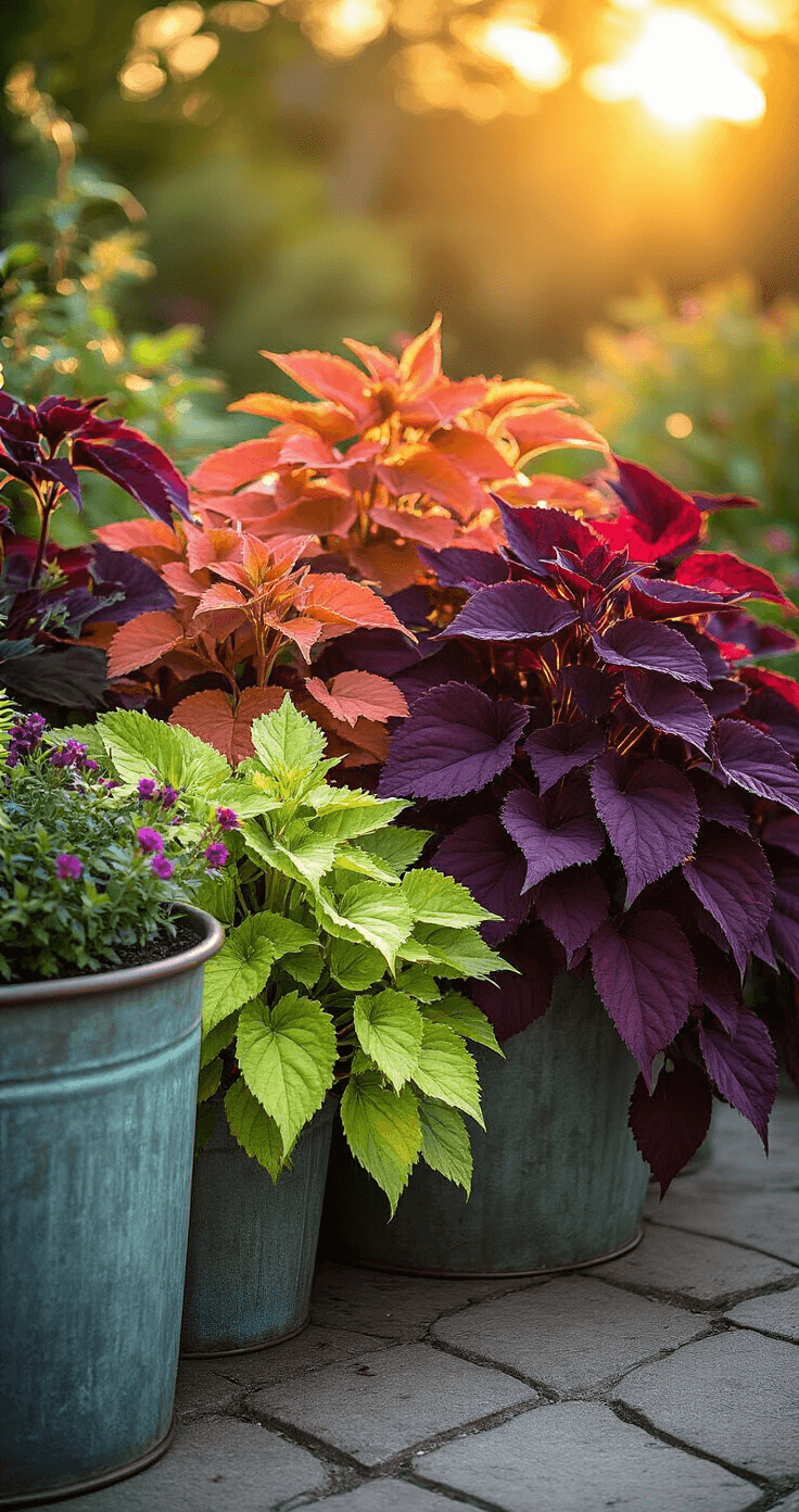 15 Stunning Shade Garden Flowers That Will Transform Your Dark Spaces A vibrant garden scene at sunset showcasing coral bells and coleus in deep purple, burgundy, and lime, highlighted by warm golden backlighting. Weathered zinc containers and copper garden art introduce industrial elements, while a shallow depth of field captures the intricate textures of the foliage.