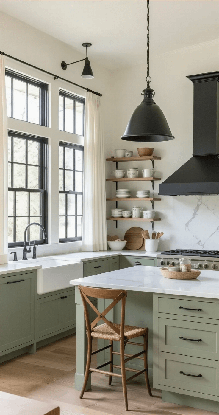 Bright and airy farmhouse kitchen with sage green cabinets, marble countertops, black range hood, and café curtains, showcasing artisanal ceramics and a vintage ladder-back chair.