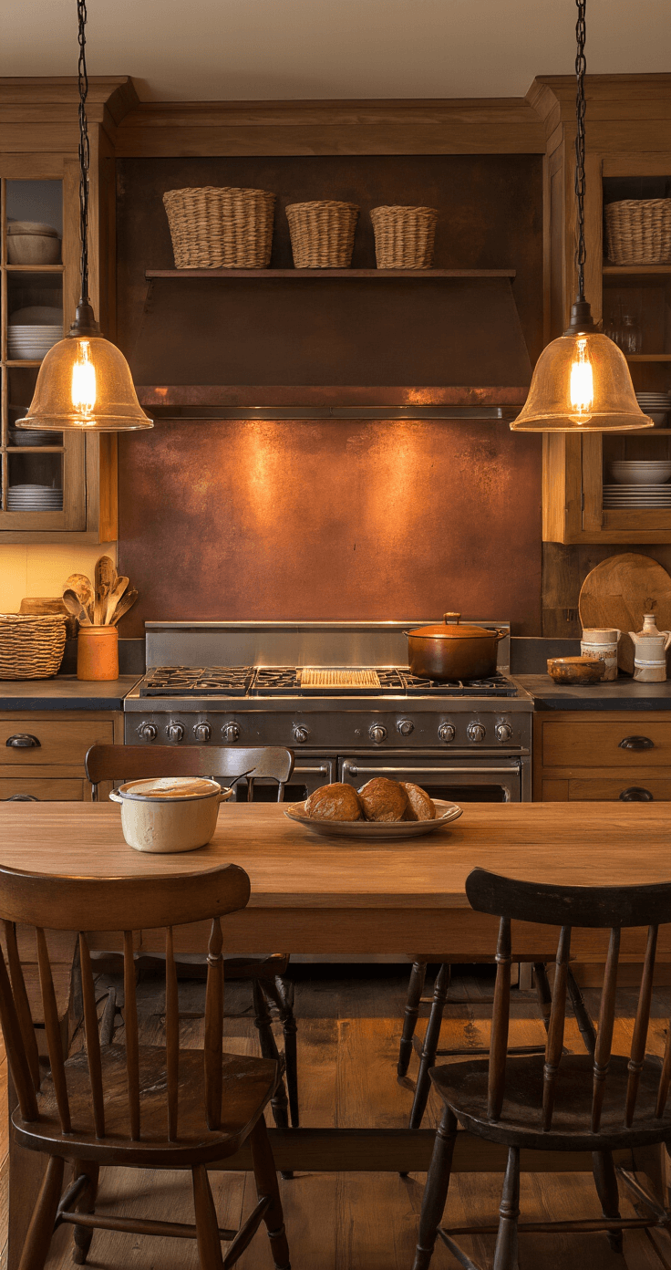 A cozy farmhouse kitchen at dusk, featuring distressed wood cabinets, soapstone countertops, a patinaed copper backsplash, Edison bulb pendants, a butcher block island, woven baskets, a vintage stove with a simmering cast iron pot, and a farmhouse table set for dinner, all illuminated by warm lamplight.