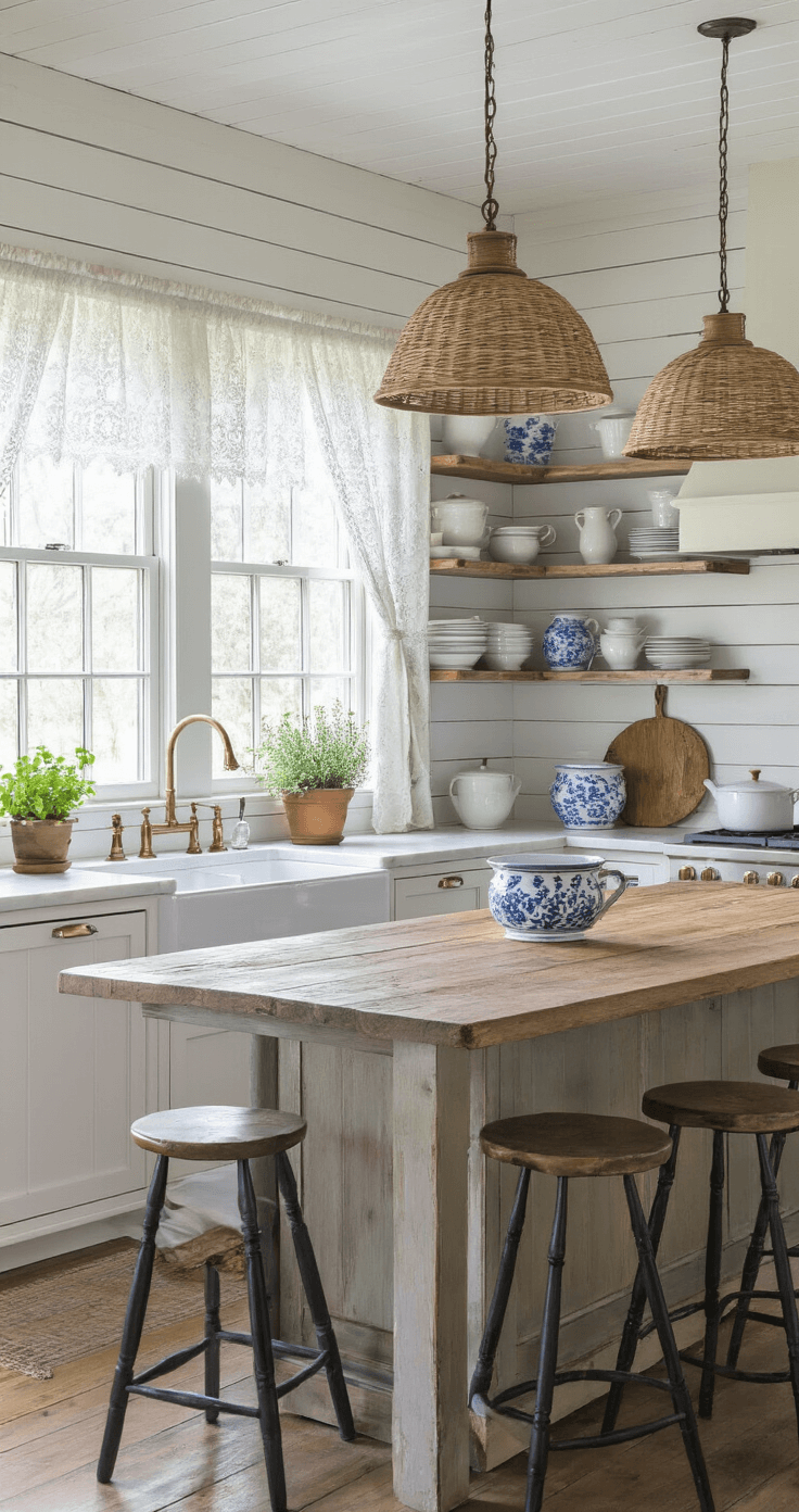 A charming farmhouse kitchen on a rainy afternoon with soft gray light filtering through lace curtains, featuring creamy white shiplap walls, a large reclaimed wood island, black Windsor-style stools, open shelving with ironstone and blue and white transferware, a farmhouse sink with a brass faucet, potted herbs, and woven pendant lights casting warm pools of light.