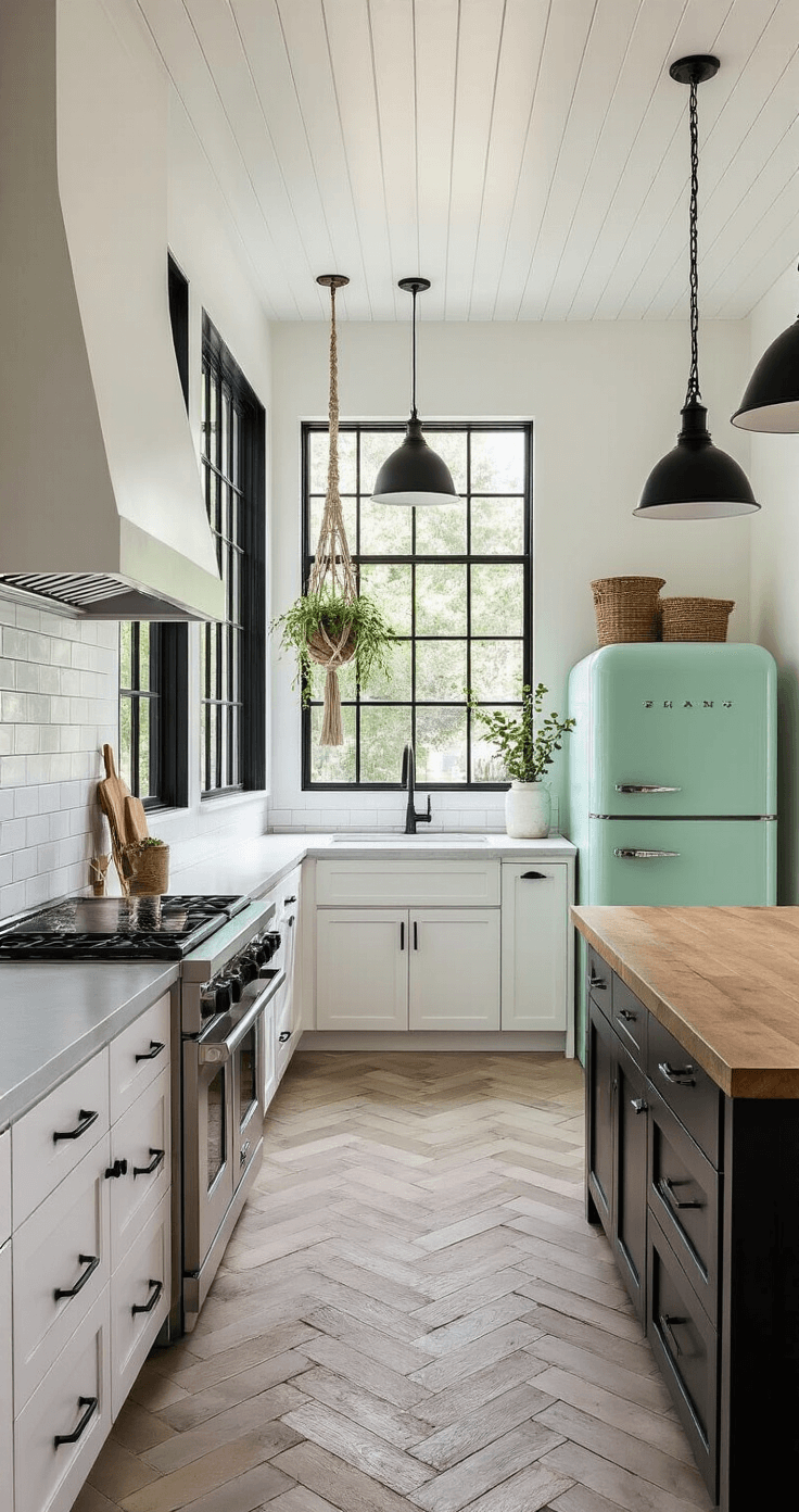 An eclectic modern farmhouse kitchen featuring crisp white walls, a black accent wall, sleek white cabinets with concrete countertops, a subway tile backsplash in a herringbone pattern, a professional-grade range, a mint green retro fridge, industrial pendant lights, and a live-edge wood island, all illuminated by late afternoon light with dramatic shadows.