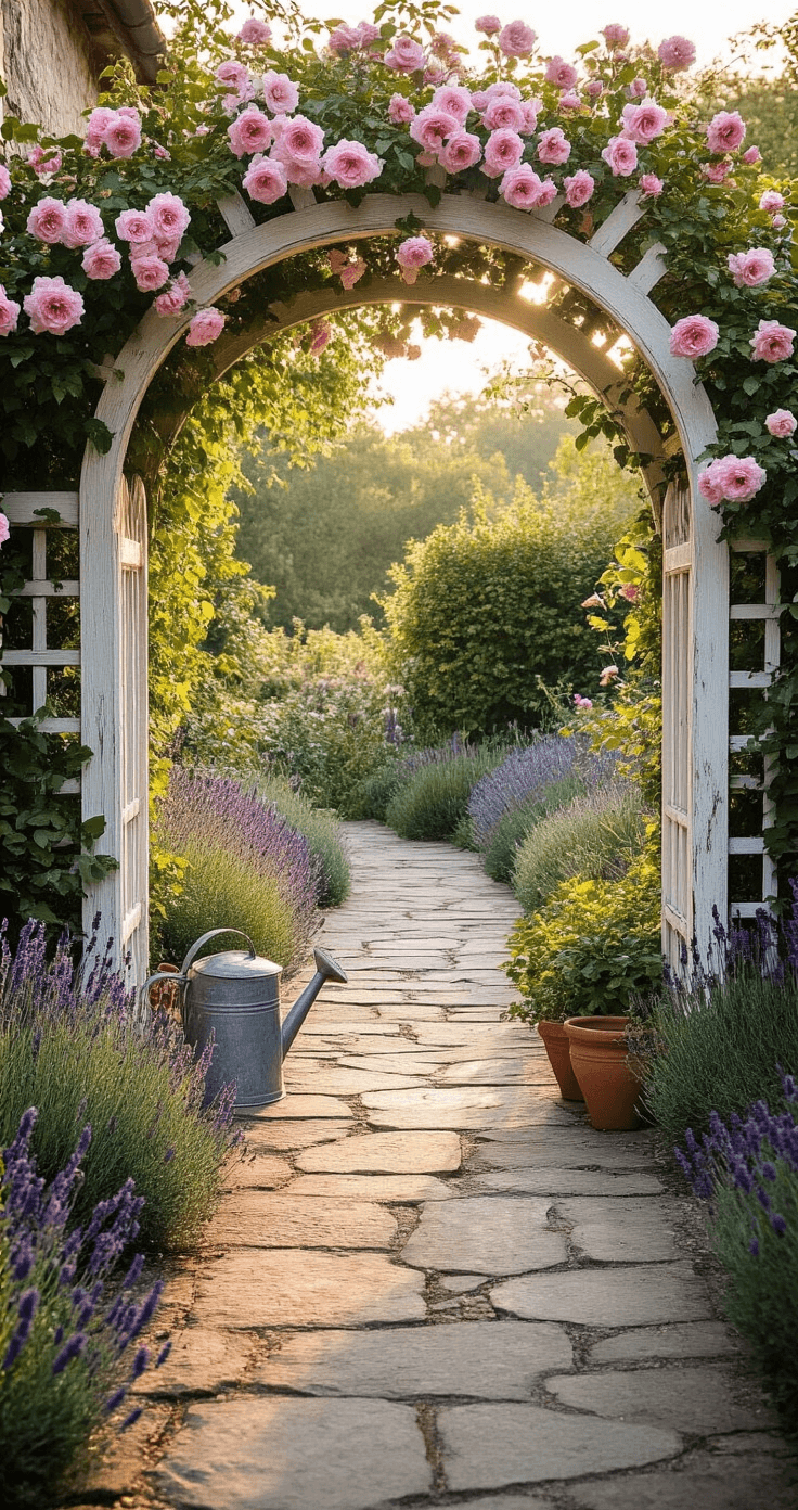 Transforming Your Garden: The Ultimate Guide to Stunning Garden Arches A romantic English cottage garden entrance featuring a weathered cedar arch enveloped in pale pink 'New Dawn' climbing roses and purple clematis, leading to a stone pathway bordered by lavender and catmint, captured at golden hour with soft lighting and long shadows.