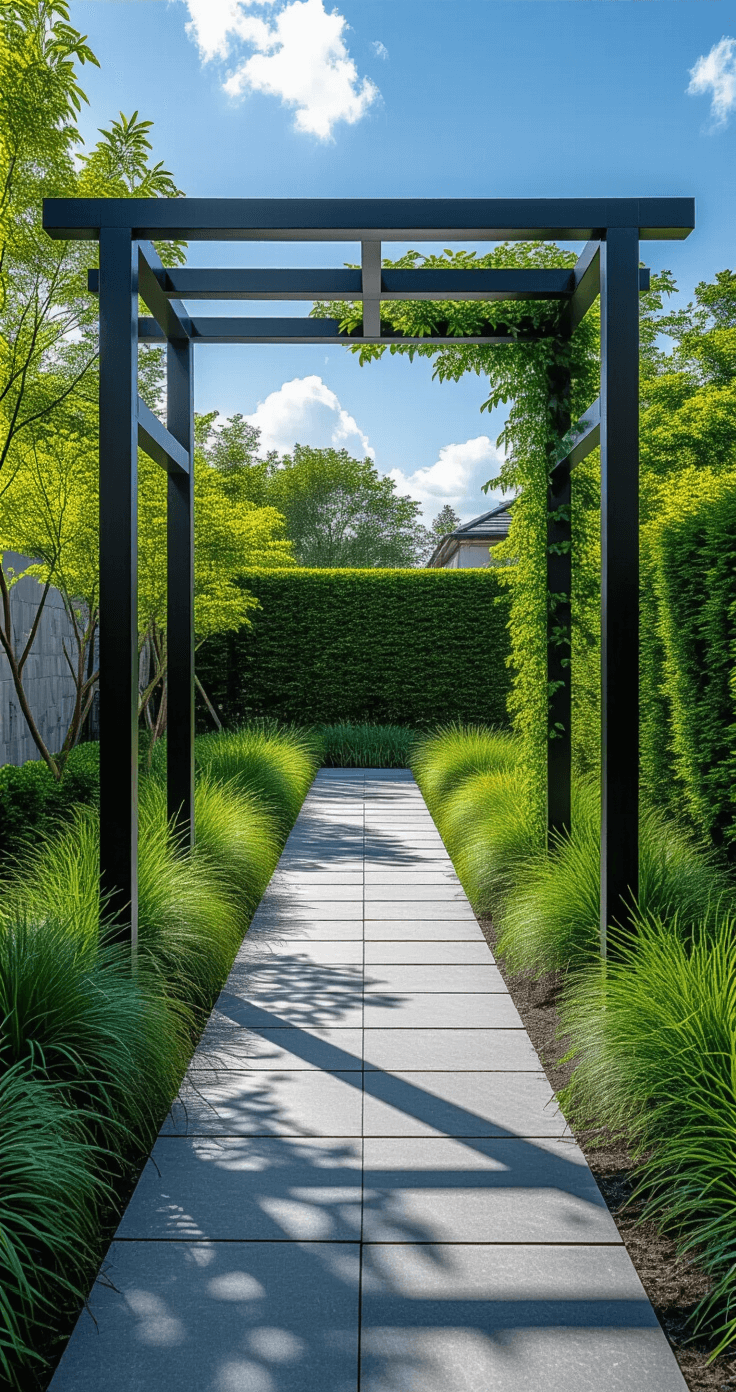 Transforming Your Garden: The Ultimate Guide to Stunning Garden Arches A modern minimalist garden arch made of matte black powder-coated steel towers 7ft tall against an azure sky, framed by cascading Japanese Forest Grass and climbing star jasmine. Contemporary bluestone pavers create a linear path, while sculptural cloud-pruned boxwood adds depth in the background, all highlighted by high contrast lighting.