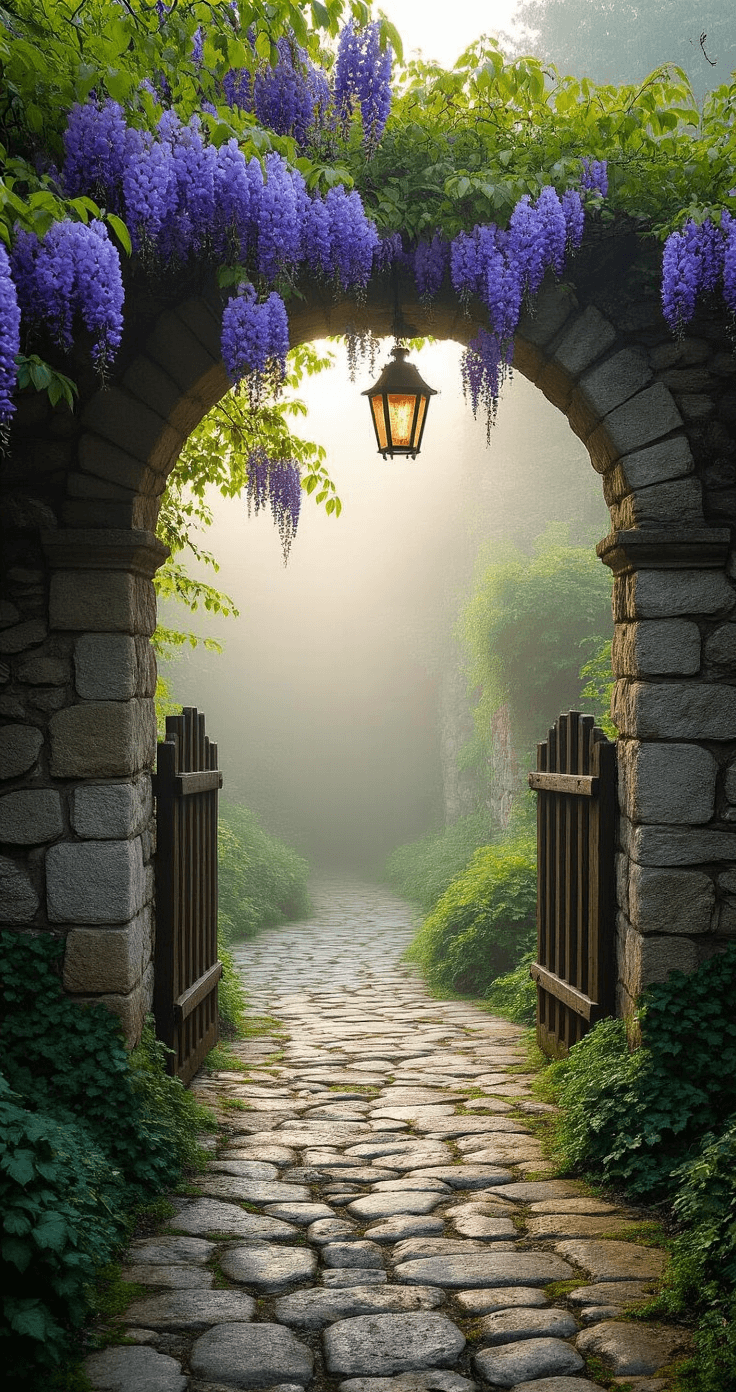 Transforming Your Garden: The Ultimate Guide to Stunning Garden Arches Overhead view of a rustic stone garden archway, framed by purple wisteria, with a cobblestone path showing signs of wear, mossy joints, and a vintage copper lantern hanging from the arch. A slightly opened medieval-style wooden gate and deep green ivy add textural layers to the ancient limestone structure, all enveloped in cool morning mist.