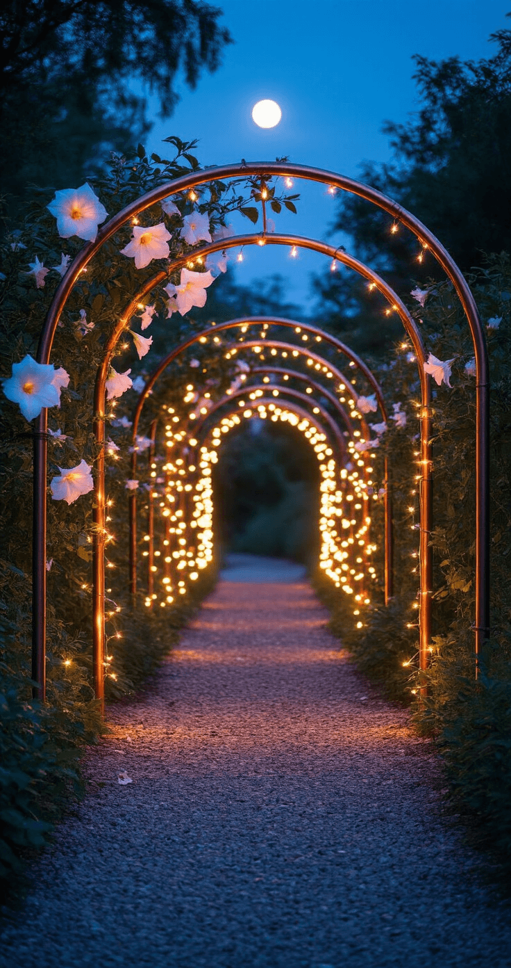 Transforming Your Garden: The Ultimate Guide to Stunning Garden Arches Dramatic twilight scene featuring a 15ft illuminated metal arch tunnel made of five connected copper arches wrapped in warm LED string lights, surrounded by white moonflowers and night-blooming jasmine, with a cool blue hour light contrasting against the warm architectural lighting, evoking a magical and mysterious atmosphere.