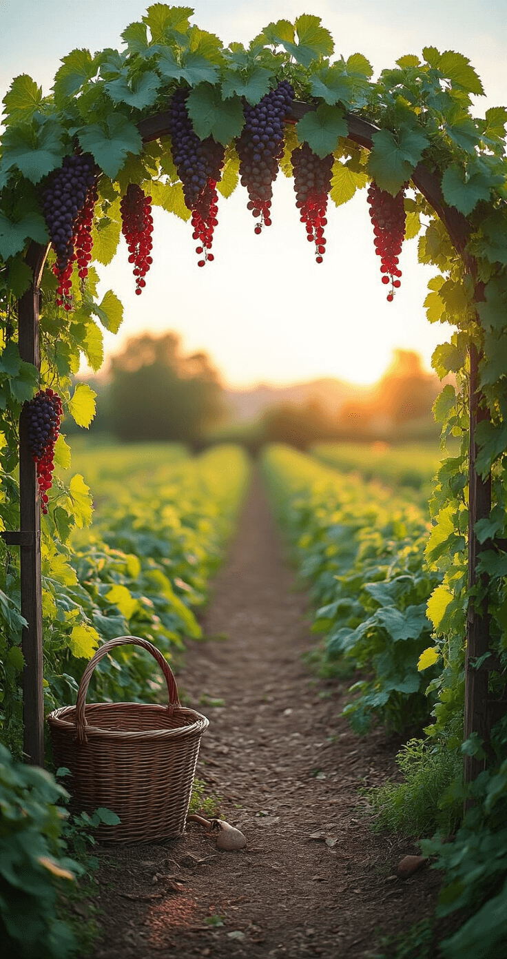 Transforming Your Garden: The Ultimate Guide to Stunning Garden Arches Harvest scene featuring a galvanized metal cattle panel arch draped with grape vines and scarlet runner beans, backlit by the late afternoon sun, with a vintage harvest basket and garden tools at the base, and organic vegetable beds visible through the arch, showcasing rich colors of deep purples, emerald greens, and burgundy.