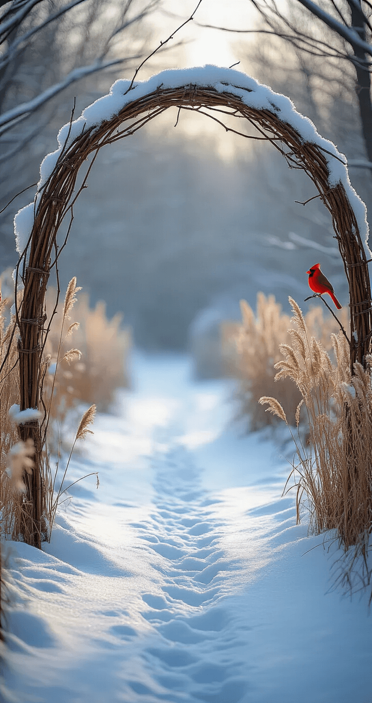 Transforming Your Garden: The Ultimate Guide to Stunning Garden Arches Close-up of a winter willow branch arch dusted with snow, featuring a red cardinal perched on a branch, surrounded by dried grasses and seedheads, with early morning light sparkling on ice crystals and cool blue shadows on the snow.
