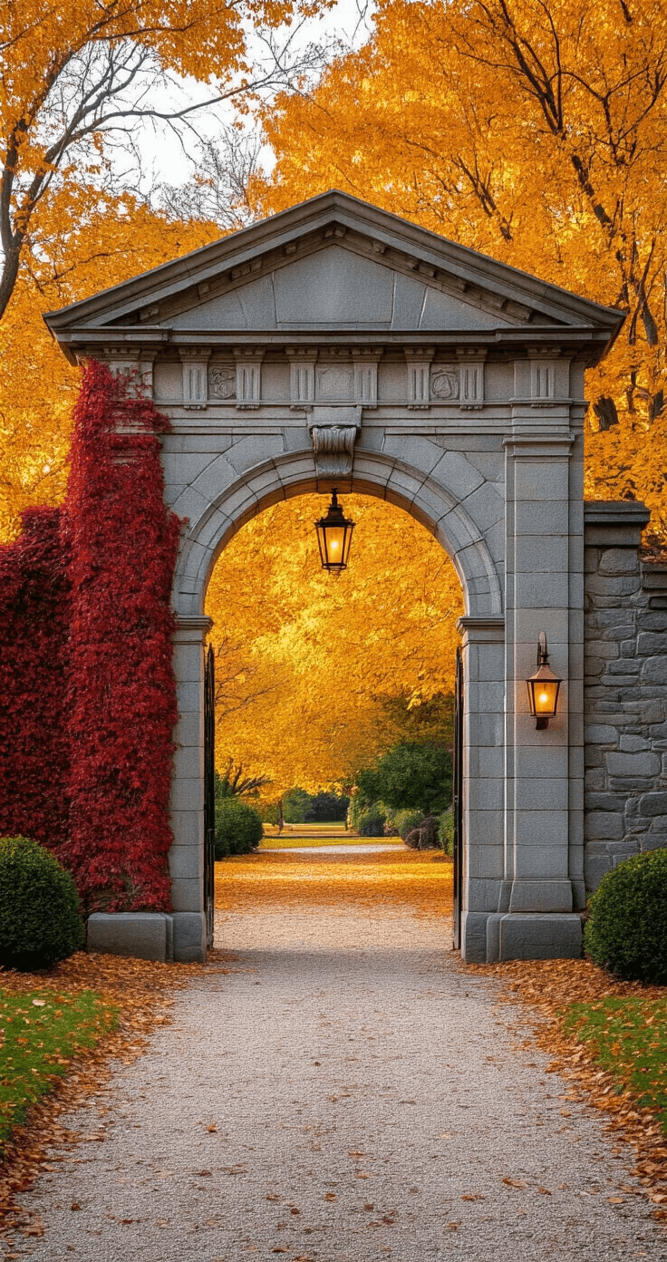 Transforming Your Garden: The Ultimate Guide to Stunning Garden Arches Wide shot of a grand stone arch entrance made of massive limestone blocks, featuring detailed corbels and a keystone, surrounded by vibrant crimson Boston ivy and golden honey locust trees in autumn. Late afternoon light highlights the textured stone, while a gravel path leads through. Traditional copper coach lights flank the entrance, creating a timeless atmosphere.