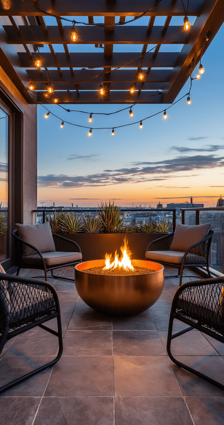 Small Fire Pit Ideas for Compact Spaces: Transform Your Tiny Outdoor Area A cozy urban balcony at golden hour featuring a copper fire bowl on slate tiles, surrounded by low-profile Acapulco chairs with gray cushions, string lights overhead, and potted succulents along the glass railing, captured with a soft focus to highlight the warm glow of the fire against the twilight sky.