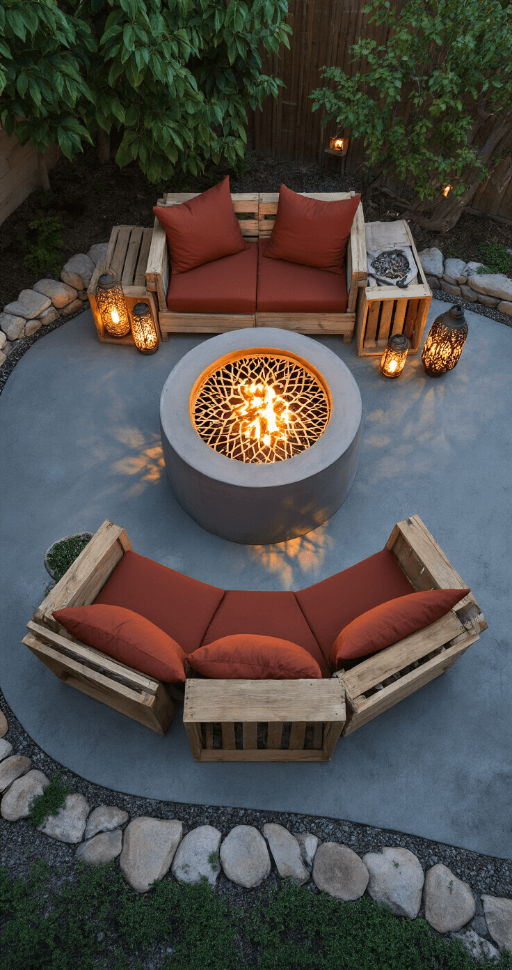 Small Fire Pit Ideas for Compact Spaces: Transform Your Tiny Outdoor Area Aerial view of a cozy concrete patio with an upcycled washing drum fire pit at the center, casting intricate patterns of light. Surrounding the fire pit are two wooden crates with deep terracotta cushions. Moroccan lanterns and copper wire lights enhance the ambiance, and creeping thyme outlines the natural stone border. The scene is illuminated during blue hour with the fire pit as the main light source.