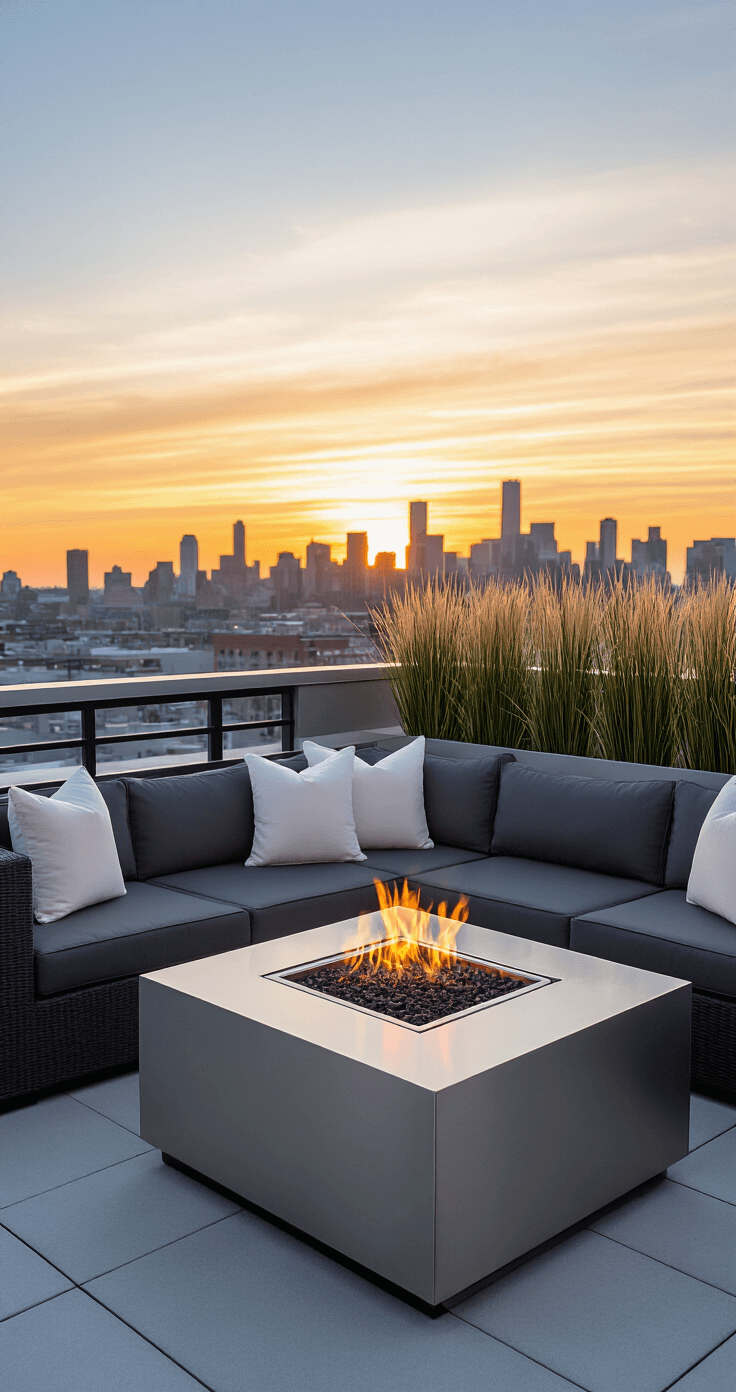 Small Fire Pit Ideas for Compact Spaces: Transform Your Tiny Outdoor Area Contemporary rooftop corner with a brushed stainless steel propane fire pit table, minimalist sectional in charcoal fabric, ivory throw pillows, and tall ornamental grasses in large planters, set against a city skyline at sunset.