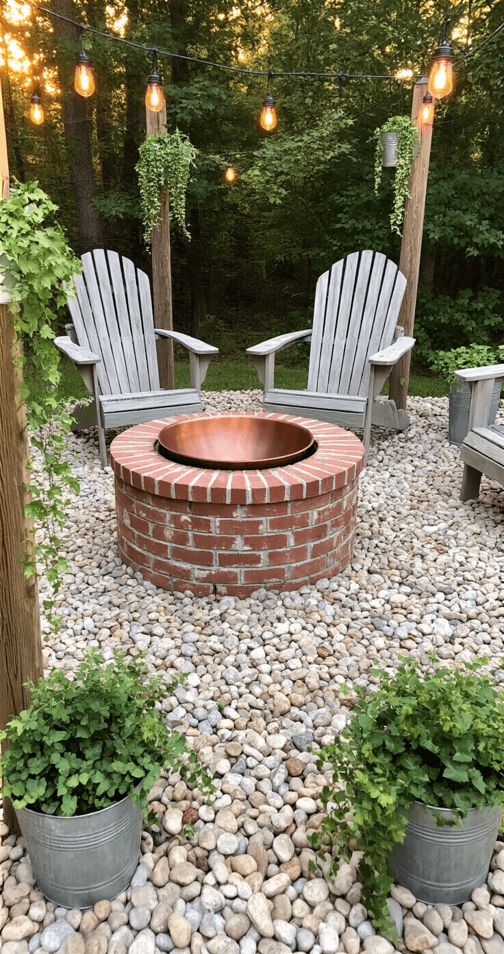 Small Fire Pit Ideas for Compact Spaces: Transform Your Tiny Outdoor Area Rustic patio scene featuring a DIY brick fire pit with a copper bowl insert, surrounded by weathered Adirondack chairs and light river rocks, illuminated by mason jar lights and adorned with vintage metal buckets planted with cascading ivy, captured at golden hour to highlight the textures and patina of the materials.