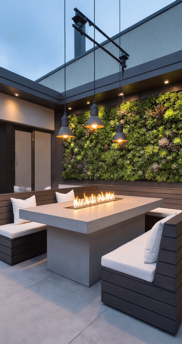 Small Fire Pit Ideas for Compact Spaces: Transform Your Tiny Outdoor Area A modern courtyard featuring a central concrete dining table with a tabletop ethanol fire, surrounded by charcoal-stained wooden benches with white cushions, a vertical succulent garden backdrop, and industrial pendant lights at varying heights, captured at dusk with dramatic lighting.