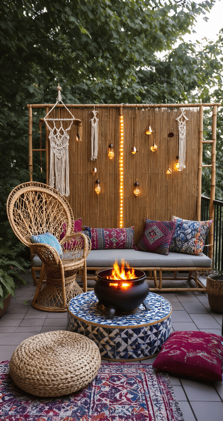 Small Fire Pit Ideas for Compact Spaces: Transform Your Tiny Outdoor Area Bohemian balcony corner with a portable cauldron-style fire pit on geometric tile, featuring a rattan peacock chair and jewel-toned floor cushions, accented by macramé plant hangers and copper wind chimes, alongside a bamboo privacy screen with LED strips, captured during magic hour.