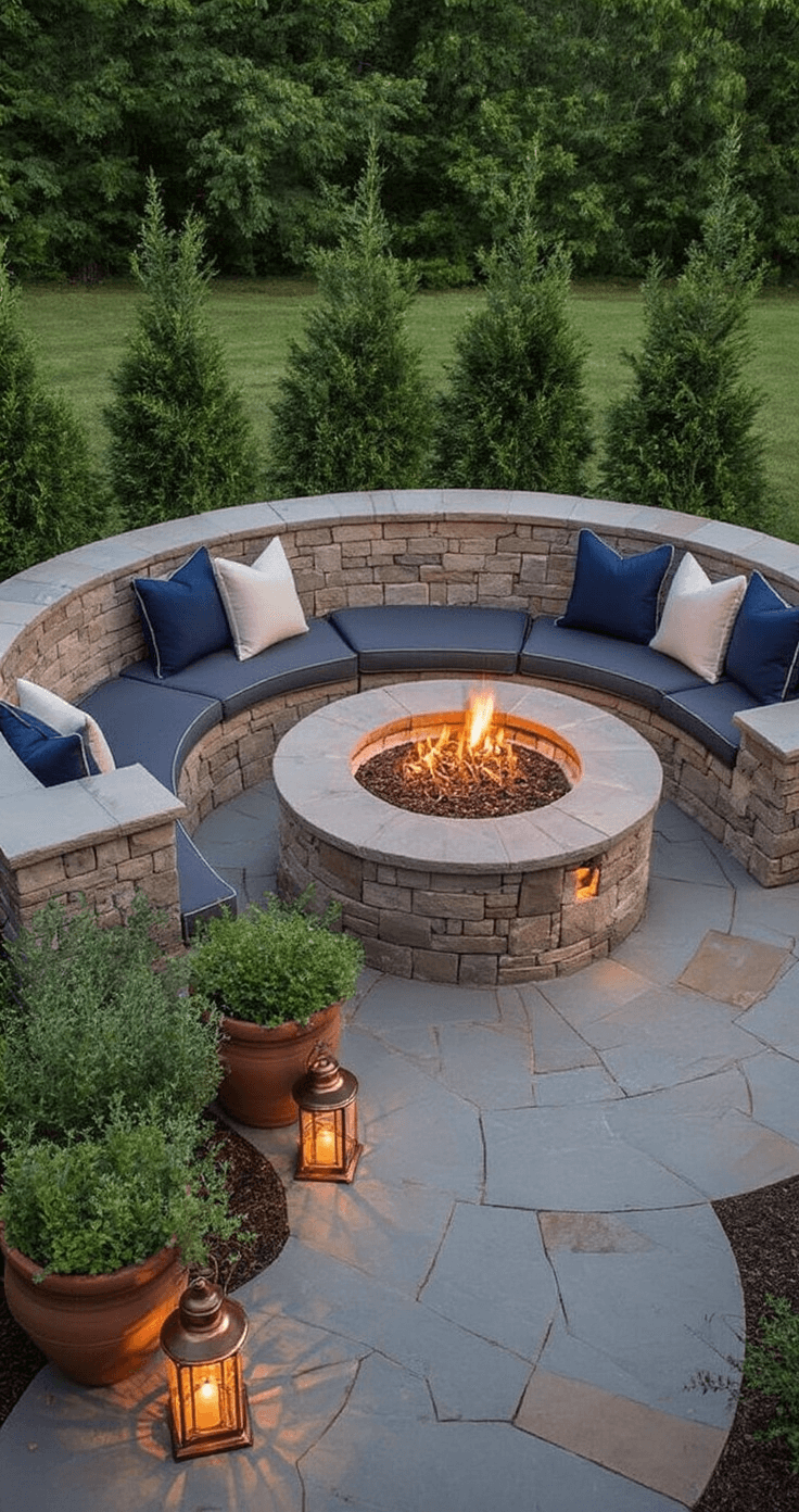 Small Fire Pit Ideas for Compact Spaces: Transform Your Tiny Outdoor Area A traditional 10x8ft patio at twilight showcasing a natural stone fire pit with a curved seating wall, accented by slate gray cushions and navy throw pillows on a built-in bench, copper lanterns and path lights illuminating the space, and Mediterranean herbs in terracotta pots.