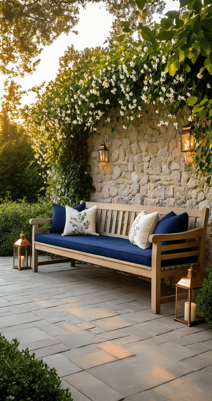 Incredible Garden Seating Ideas: Transform Your Outdoor Space into a Relaxing Oasis A sunlit garden terrace featuring a weathered teak bench with navy cushions and cream botanical print pillows, set against a jasmine-covered stone wall. Natural stone pavers in a herringbone pattern and copper lanterns create a warm ambiance in the soft evening light.