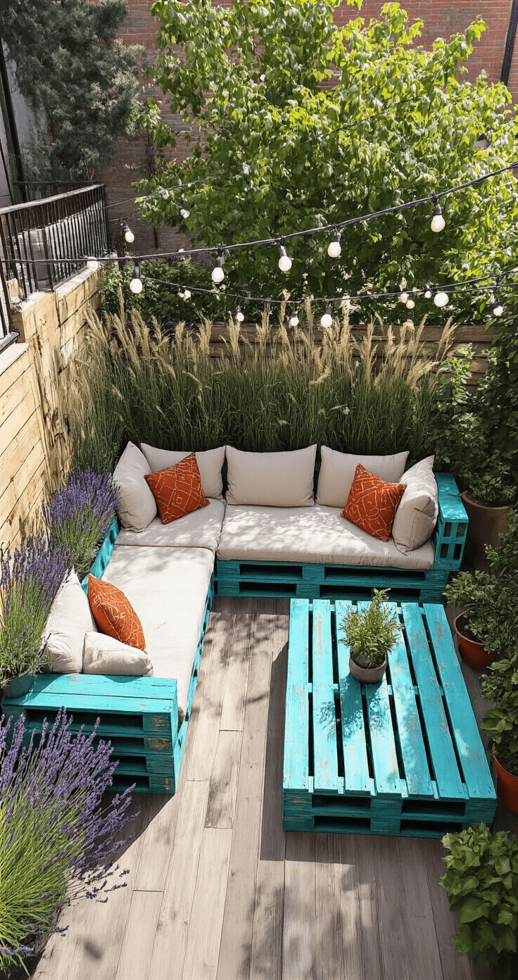 Incredible Garden Seating Ideas: Transform Your Outdoor Space into a Relaxing Oasis An intimate urban garden corner featuring a DIY L-shaped pallet sofa with a distressed turquoise finish, adorned with hand-sewn neutral cushions and rust-ochre Moroccan throw pillows, surrounded by potted lavender and ornamental grasses, with zigzagging string lights overhead, captured from above at a 45-degree angle.