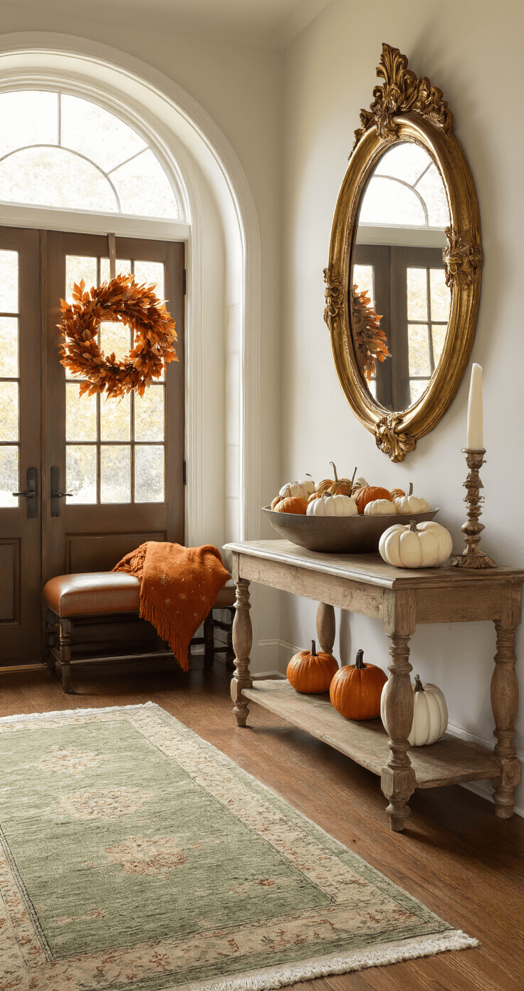 Fall Decor: Create a Cozy Autumn Haven in Your Home A warm and inviting entryway featuring a large arched doorway, rustic wooden console table with pumpkins, ornate mirror, brown leather bench with a burnt orange throw, autumn wreath on the front door, and hardwood floor partially covered by a vintage rug.