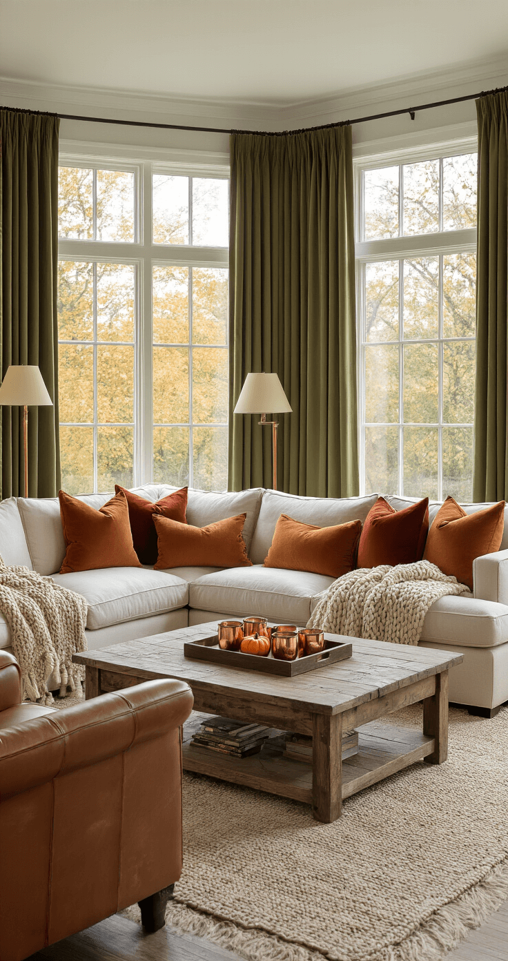 Fall Decor: Create a Cozy Autumn Haven in Your Home A cozy living room featuring a cream sectional sofa with colorful throw pillows, a weathered wood coffee table with copper mugs and a small pumpkin arrangement, flanked by cognac leather armchairs, illuminated by warm lamplight from corner floor lamps, and a large bay window draped with olive green curtains.