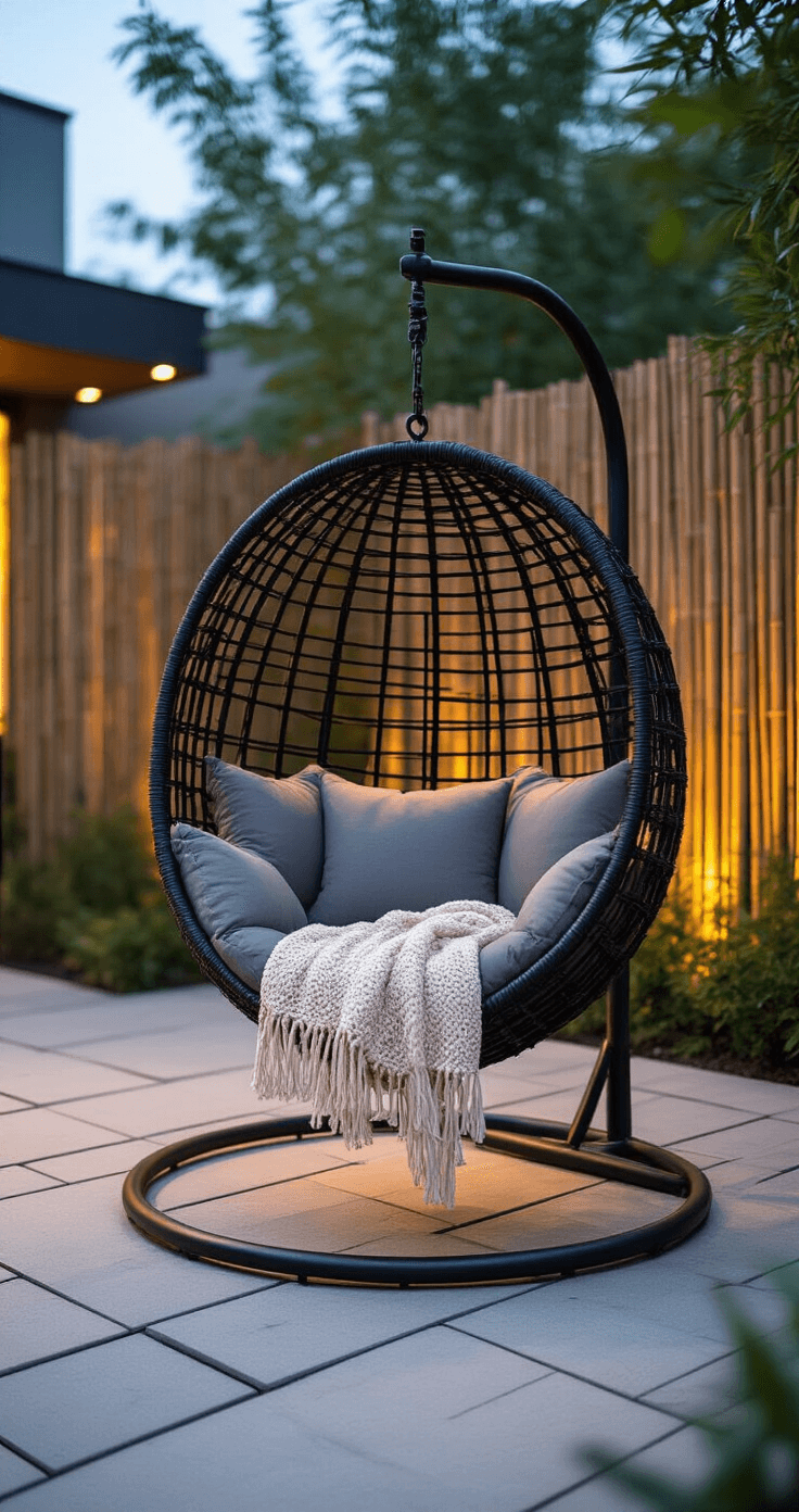 Incredible Garden Seating Ideas: Transform Your Outdoor Space into a Relaxing Oasis Modern courtyard at dusk featuring a matte black rattan suspended egg chair, draped with a cream macramé throw and gray cushions, surrounded by geometric concrete pavers and bamboo screens, with LED ground lighting creating dramatic shadows.