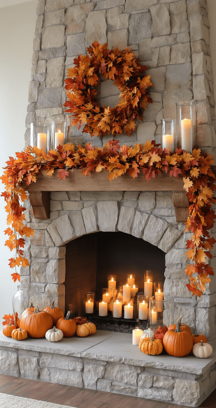 Fall Decor: Create a Cozy Autumn Haven in Your Home A grand stone fireplace mantel adorned with a lush autumn garland, warm white candles, and hurricane vases filled with pumpkins, captured in soft evening light.