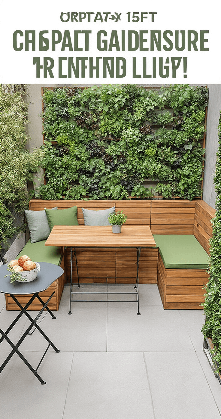 Incredible Garden Seating Ideas: Transform Your Outdoor Space into a Relaxing Oasis Compact urban garden featuring a multi-functional acacia wood storage bench with sage green waterproof cushions, a foldable metal bistro table, and a vertical herb garden on the wall, all bathed in morning light.