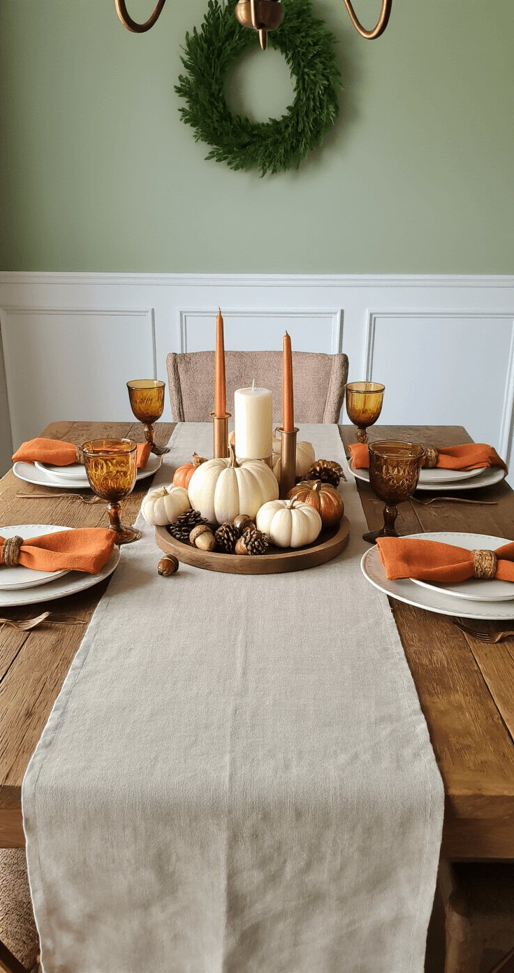 Fall Decor: Create a Cozy Autumn Haven in Your Home Elegant autumn dining table set in natural light, featuring a reclaimed wood table with a gold linen runner, mini white pumpkins, copper candles, and rustic place settings with stoneware plates and vintage glassware, under a chandelier.